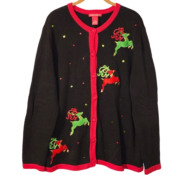 Merry & Bright Reindeer Button Down Cardigan Not So Ugly Christmas Sweater - Picture 1 of 7